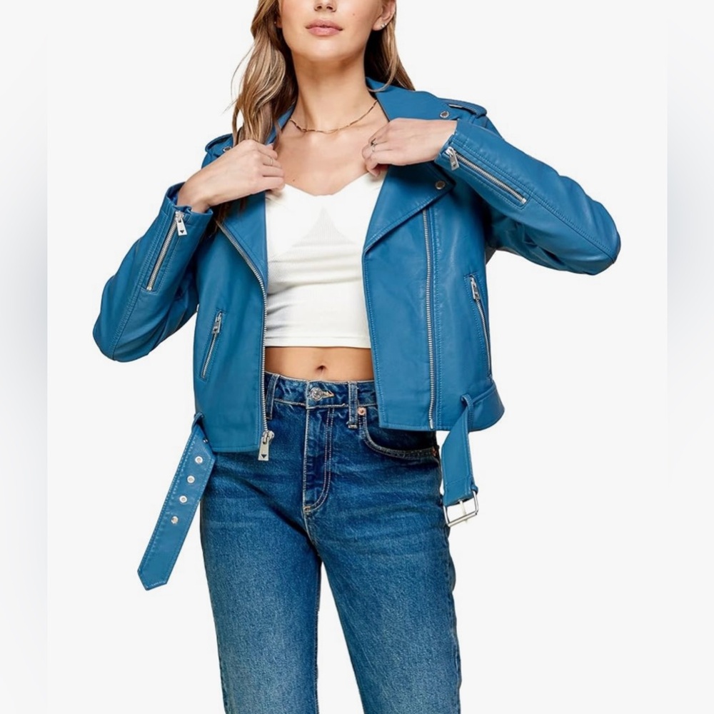 Faux Leather Zip Up Moto Biker Jacket -blue
